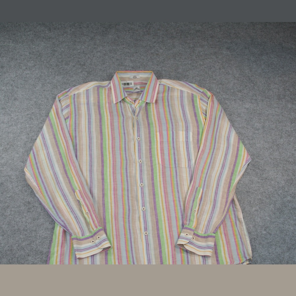 Peter Millar Mens Linen Button Down Shirt Large Multicolor Striped Long Sleeve